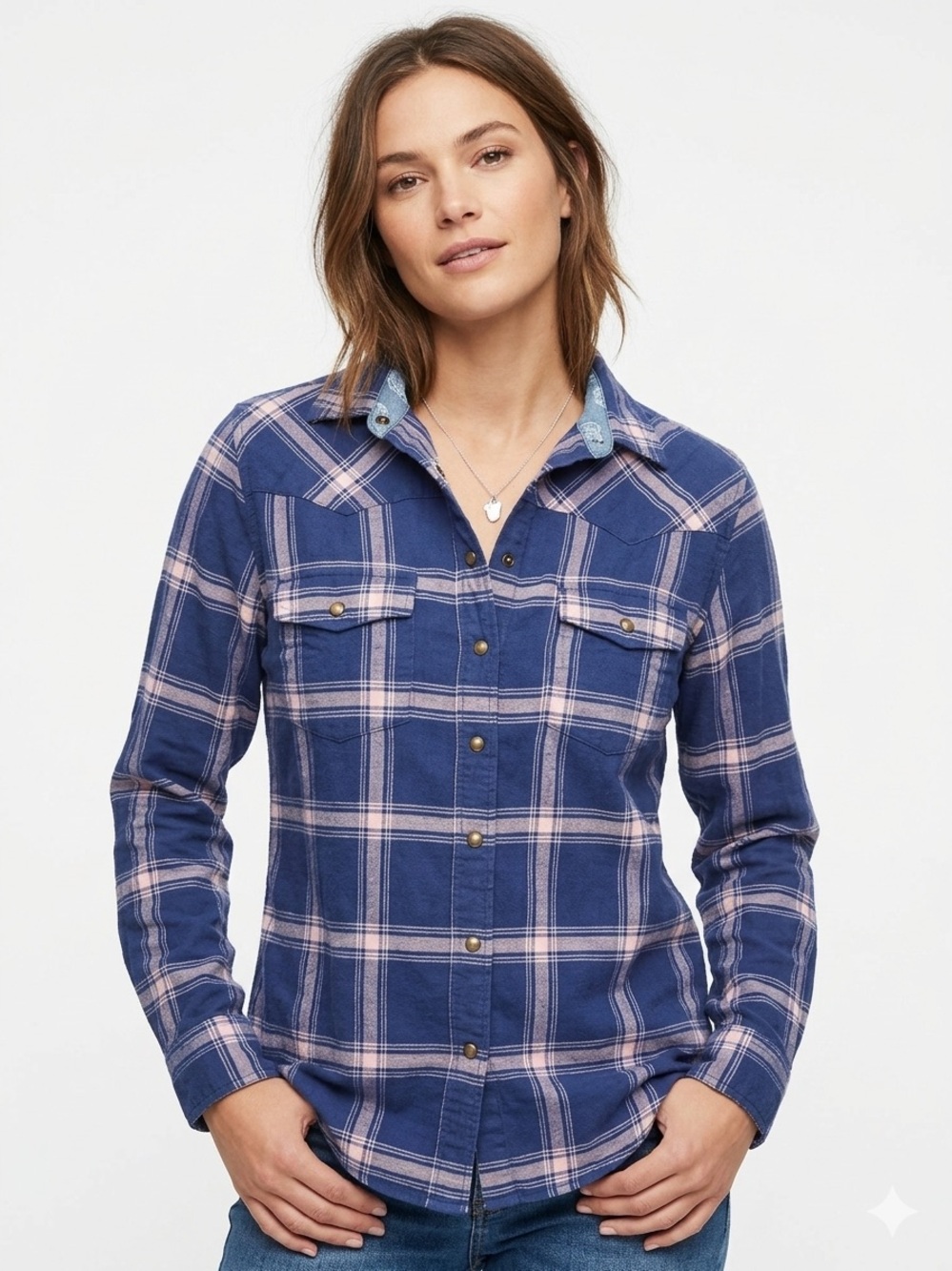 JACHS GIRLFRIEND Plaid Flannel BEA Western Shirt Roll Tab Sleeves Size Medium